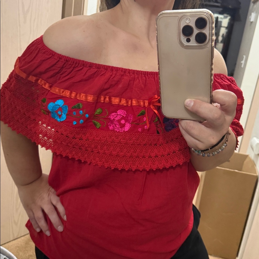 Red Embroidered Off-Shoulder Top - Picture 4 of 5